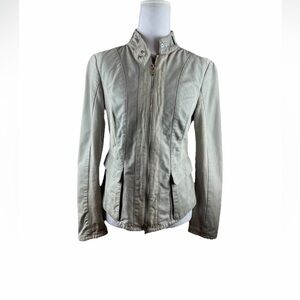 Armani Collezioni Women's Taupe/Grey Lamb Leather, Full Zip, Moto Jacket